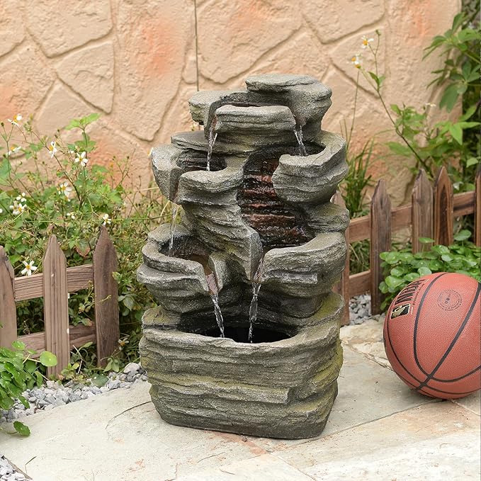 Bumilgar 6-Tier Cascading Rock Water Fountain Outdoor Garden Waterfall Decor for Garden, Patio, Backyard, Deck, Porch and Home Art Decor,24.4" H Outdoor Fountain with Lights