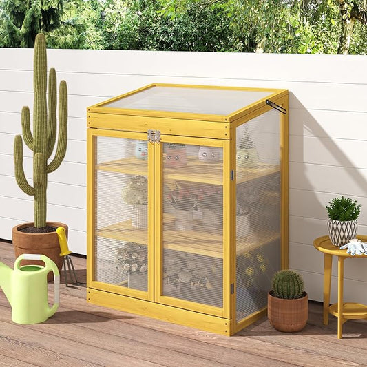 Greenhouse Wooden Cold Frame Greenhouse, Garden Portable Mini Greenhouse Cabinet,2-Tier Wooden Cold Frame Garden Greenhouse with Transparent Polycarbonate Sheet, Keep Plant Warm Enough (Brown)