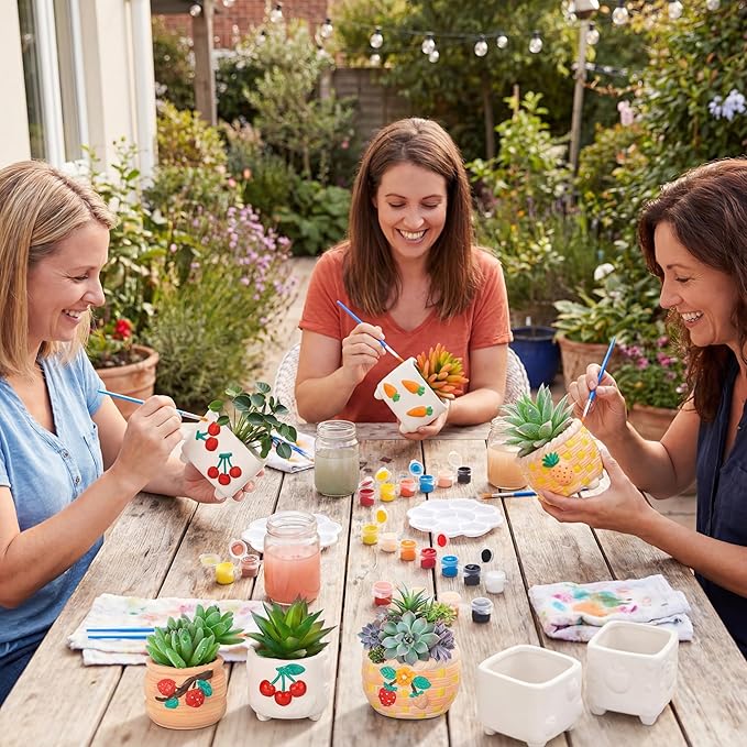 Hushee 12 Sets Ceramic Succulent Planters Paintable Succulent Plant Pots Small DIY Figurines Unpainted Pots with Drainage Hole Color Paints Paintbrushes Palettes