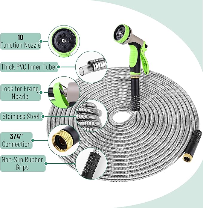 UNCO- Stainless Steel Metal Hose with 10 Functions Spray Nozzle, 75 ft, No Kink, Metal Garden Hose