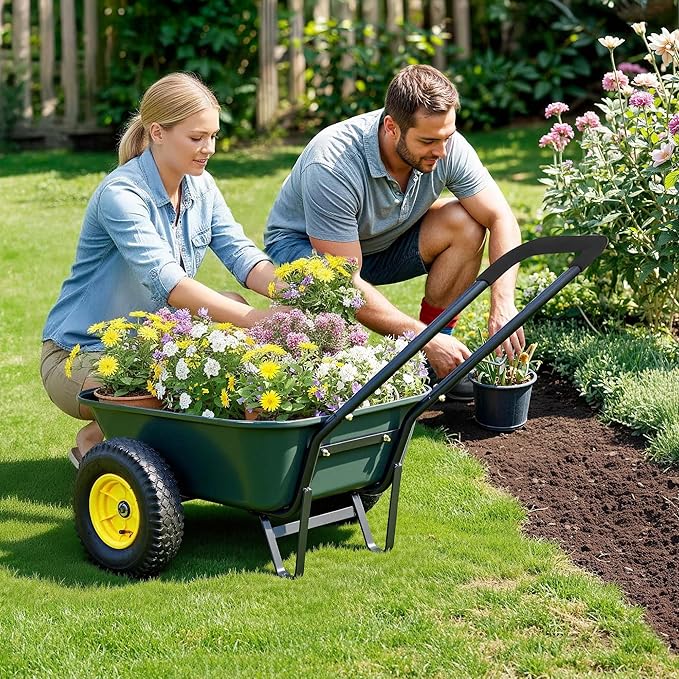 Autodaya 2 Wheel Wheelbarrow, Dual-Wheel Garden Dump Cart with 10" Non-Slip Pneumatic Tires & Ergonomic Padded Handle, Heavy-Duty Home Utility Yard Cart Wagon for Lawn, Farm, Porch, Gardening, Green