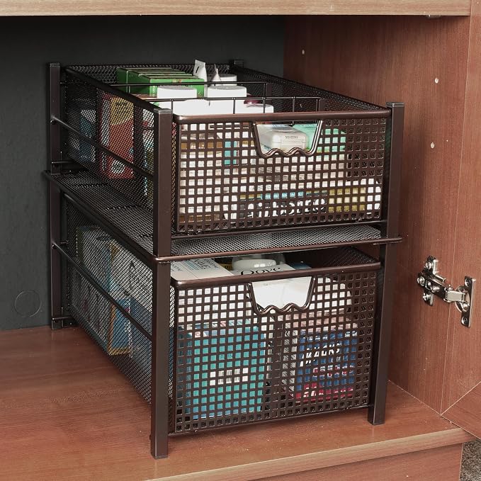 Deco Brothers Stackable Pull Out Cabinet Sliding Basket with Divider, Large