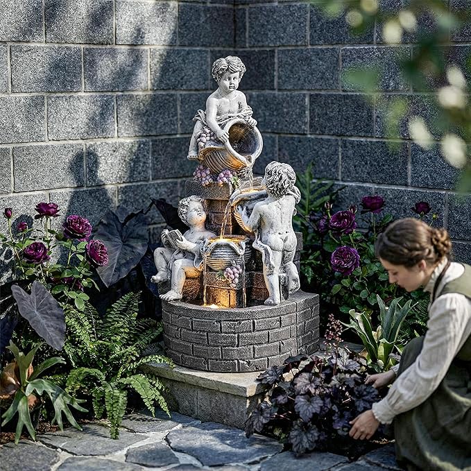 21-Inch Outdoor Water Fountain, 4-Tier Cascading Resin Cherub Garden Fountain with 3 LED Lights, European Style Decorative Water Feature for Backyard, Patio, Deck, Lawn, Balcony in Gray