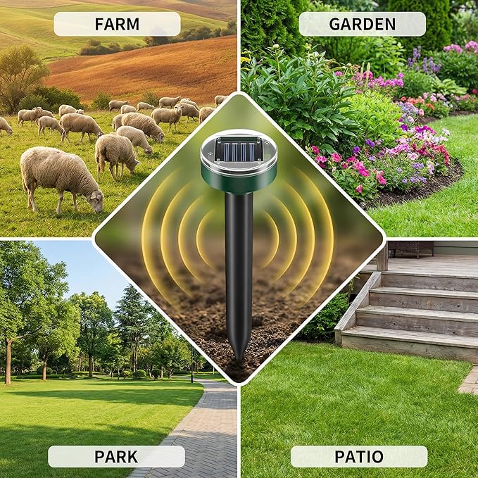 Solar Powered Mole Repellent Stakes - Ultrasonic Outdoor Rodent Repellent for Voles, Groundhogs, Snakes & Chipmunks - IP44 Waterproof Lawn & Garden Pest Control, Pet Safe – 10 Pack, Round