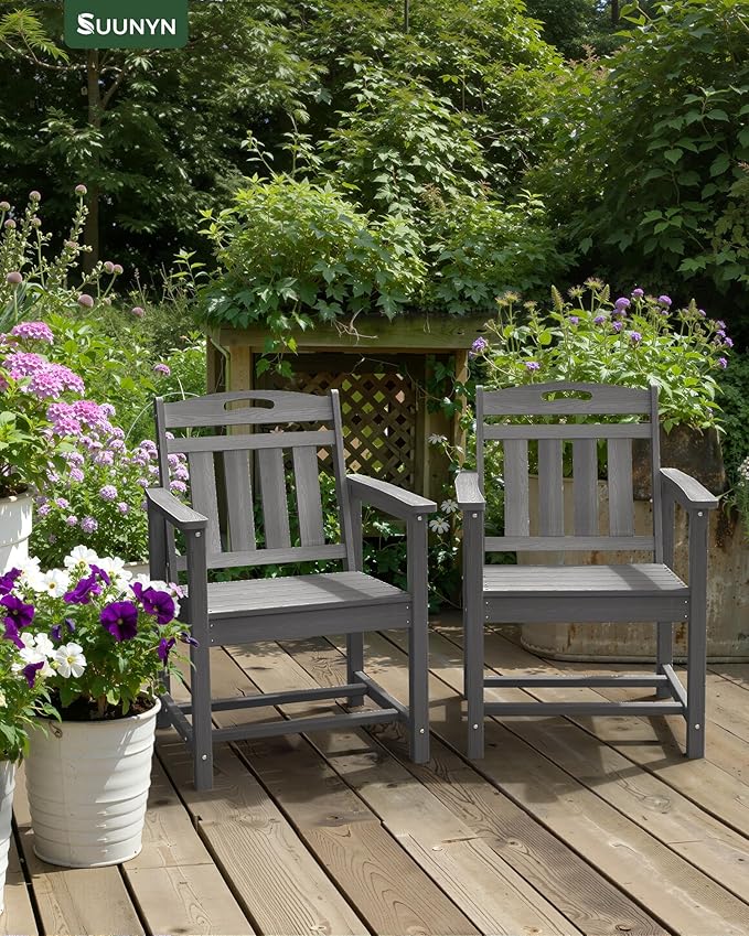 Patio Chairs, HDPE Outdoor Dining Chairs with Wide Seat, All Weather Oversized Porch Chair for Garden, Backyard, Deck - Grey