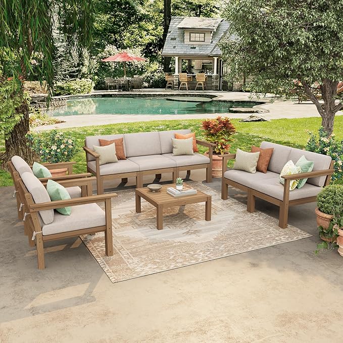 Stoog Modular 2-Seater Outdoor Loveseat, Convertible Sofa with Removable Arm – Waterproof HIPS Frame & Olefin Cushions for Patio, Poolside, Backyard, Teak