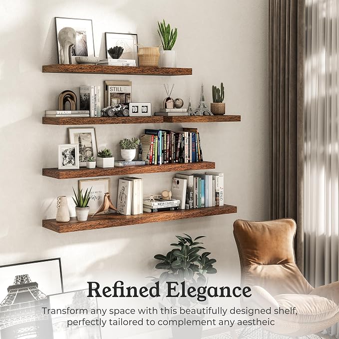 30" Brown Floating Shelves Wood Wall Shelf, Rustic Brown, Set of 2 | Wall Mounted Wood Shelves, For Bathroom, Bedroom, Living Room, Kitchen, Hanging Shelf for Books/Storage/Room Décor