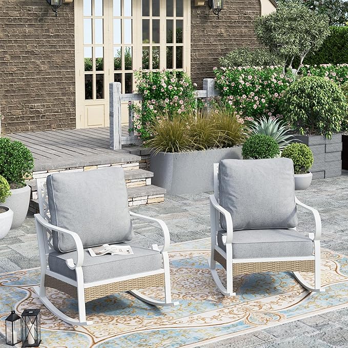 HERA'S HOUSE Outdoor Rocking Chairs Set of 2 with Cushions, High Back Patio Metal Rocker, All Weather Garden Furniture for Lawn, Backyard, Deck, Grey