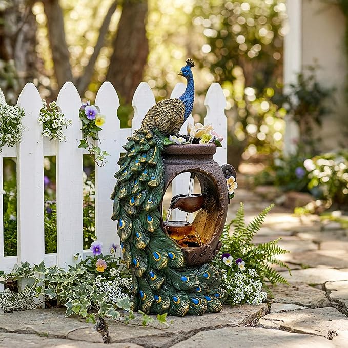19-Inch Outdoor Water Fountain, 4-Tier Peacock and Cascading Bowls Resin Garden Fountain with Warm LED Light, Peacock Sculpture Water Feature for Garden, Yard, Patio, Deck, Lawn, Porch in Green