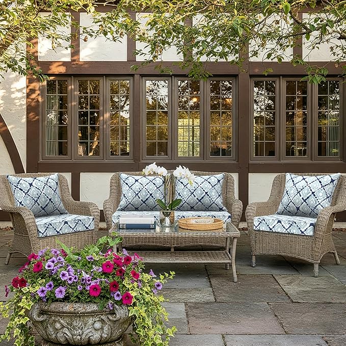 LVTXIII Outdoor Deep Seat Cushion Patio Seat and Back Cushion Set Seasonal Chair Cushion with Removable Cover and Adjustable Buckle for Home and Garden, 22"x22"x4", Boho Geometry Blue