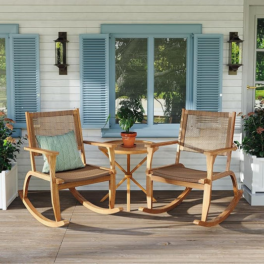 Merax 2-Piece Patio Rocking Chair Set, Acacia Wood Outdoor Rockers with PE Wicker Rattan Seat & Backrest, Comfortable Garden Porch Chairs for Backyard, Balcony, Poolside