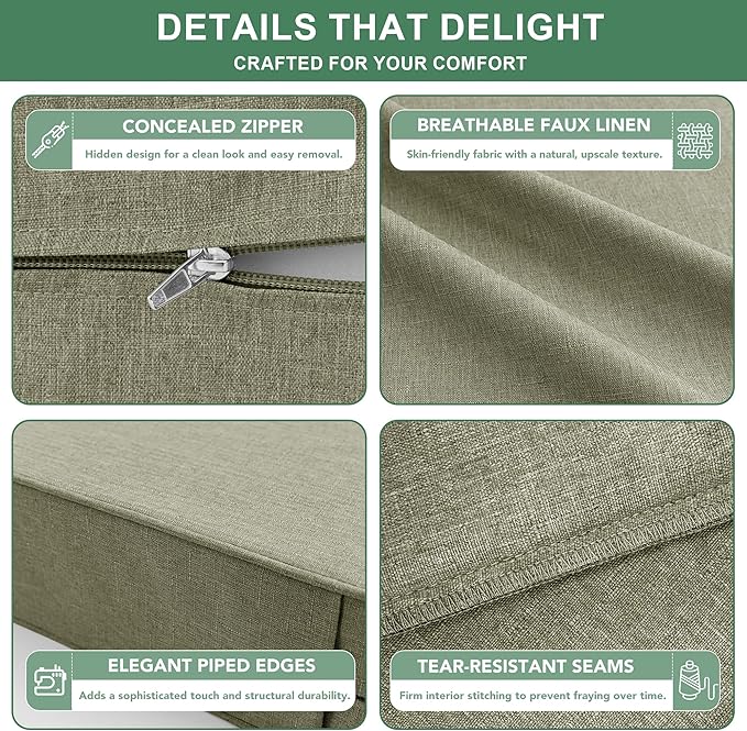 Summsun Water Resistant Outdoor Chair Cushions, Faux Linen Backrest and Deep Seat Cushion Set with Ties, Removable Cover, Non-Slip Bottom for Patio Furniture, 24 x 24 Inch, Mocca Green, Set of 4