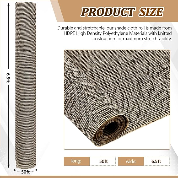 6.5X 50 ft Shade Cloth Roll for Covering Garden 95% Mesh UV Resistant Net with Ties for Patio Outdoor Greenhouse Fence Flower Plant Cover Canopy,Brown