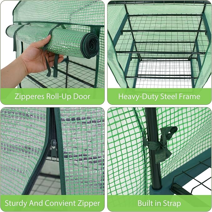 HOMGARDEN 4-Tier Mini Greenhouse Portable Plant Flower Shelf Tent w/PE Cover Roll-Up Zipper Door for Lawn Patio Garden Indoor Outdoors