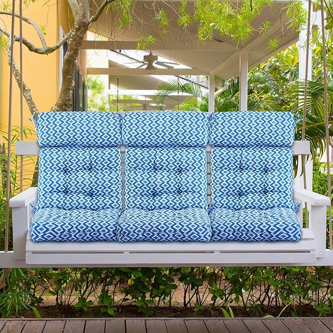 Barydat 4 Pcs Tufted High Back Chair Cushion Indoor Outdoor Seat and Back Cushions Palm Leaves Tropical Plants Lawn Rocking Chair Pads with Ties for Adirondack Patio Garden(Blue Argyle)