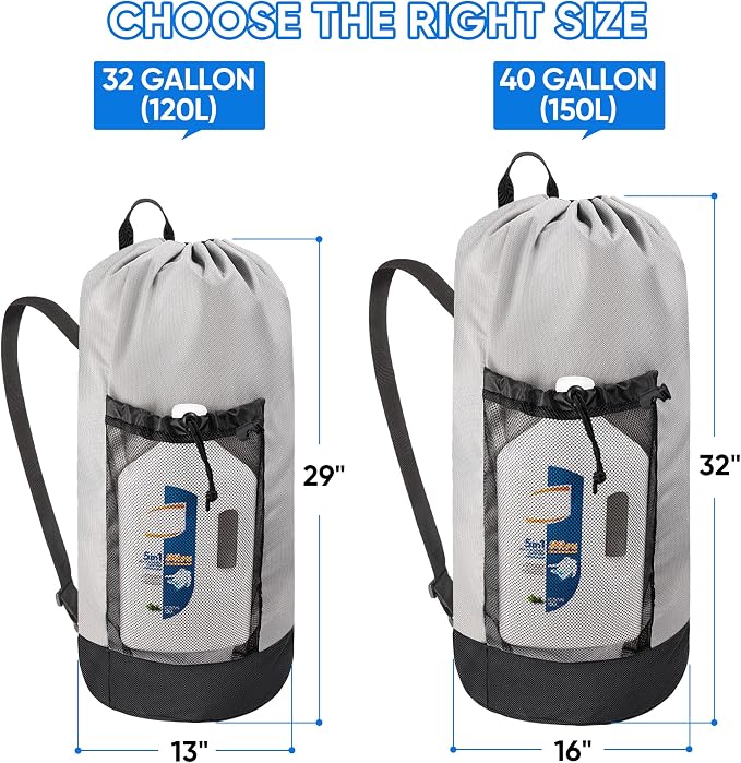 BALEINE 2PK 120L Laundry Bag Backpack, 900D Oxford Fabric Large Travel Laundry Bags with Shoulder Straps and 2 Mesh Pockets for College Dorm, Apartment, Laundromat (Gray, 120L)