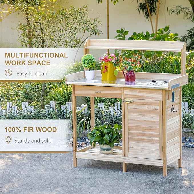 Outsunny Outdoor Potting Bench Table, Garden Work Station with Storage Cabinet, Open Shelf and Steel Tabletop, Natural