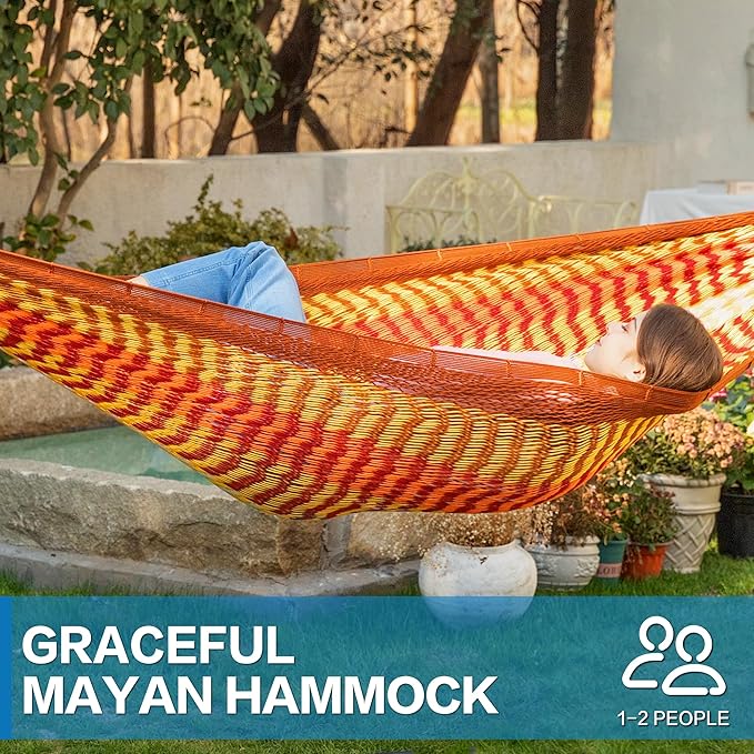 PNAEUT Handwoven Mayan Hammock, Thick Soft Rope Double Hammock for Outdoor Outside & Indoor, 600 lbs Capacity Heavy-Duty, Includes Tree Straps, Carabiners & Carrying Bag (Sunset, X-Large)