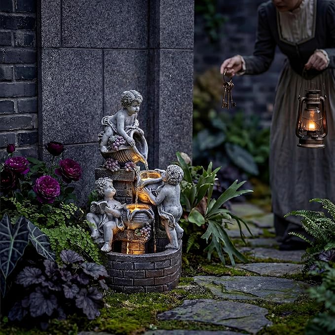 21-Inch Outdoor Water Fountain, 4-Tier Cascading Resin Cherub Garden Fountain with 3 LED Lights, European Style Decorative Water Feature for Backyard, Patio, Deck, Lawn, Balcony in Gray