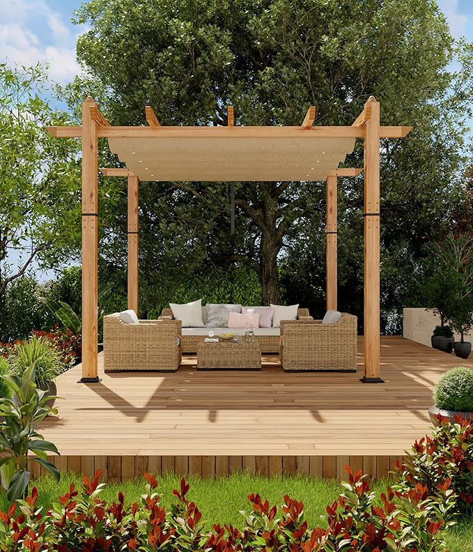 GarveeLife 10 x 10 ft Wood-Grain Aluminum Pergola Outdoor Pergola with Retractable Canopy for Garden Patio Backyard Deck - Khaki