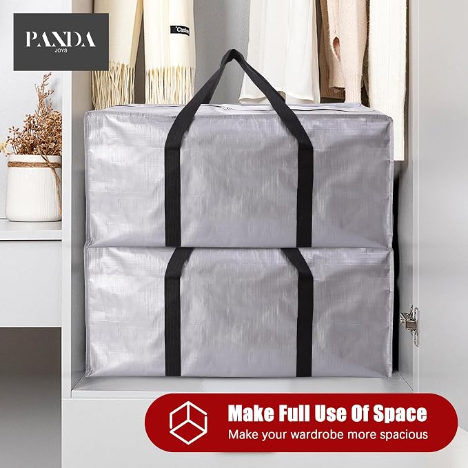 PANDA JOYS Extra Large Moving Bags with Zippers & Carrying Handles, Heavy-Duty Storage Tote for Space Saving Moving Storage, Fold Flat, Alternative to Box and Bin - 12 Pack, Silver