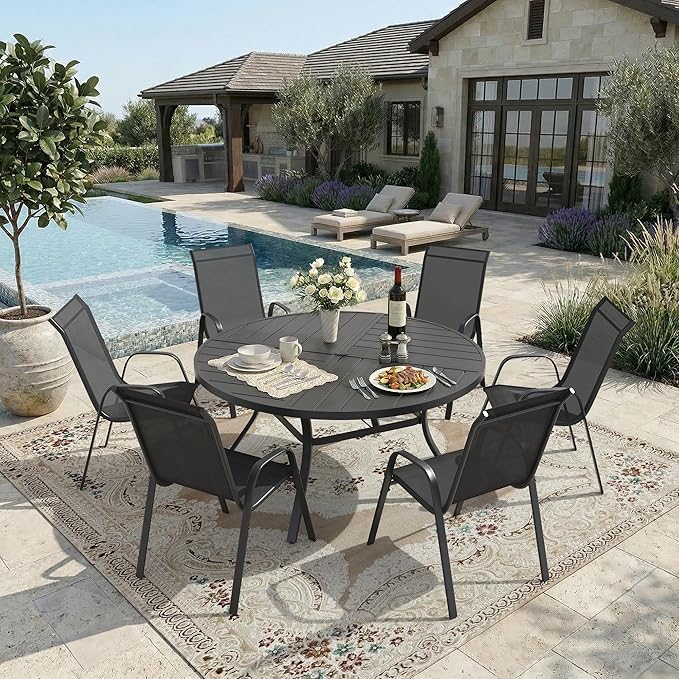 DIFY Patio Chairs Set of 8, Stackable Outdoor Dining Chairs Set with Breathable Textilene High Back and All-Weather Metal Frame for Garden, Backyard, Deck, Dark Grey
