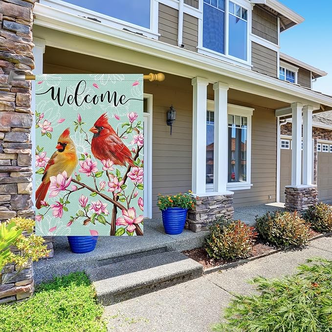 Cardinal Bird Welcome Spring Garden Flag, 28x40 Vertical Double Sided Burlap Tree Flower Spring Flag for Outside Farmhouse Yard Decorations