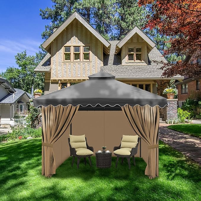 Gazebo Privacy Curtains 10' x 12' with Zipper 4-Panels Side Wall Universal Replacement for Patio, Outdoor Canopy, Garden and Backyard (Curtain Only)