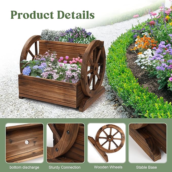 OIPRTGFJ 2PCS Wooden Wagon Planter Box, Garden Planter with Wheels,Decorative for Flowers Herbs Vegetables for Indoor & Outdoor Decor,Wooden Flower Cart for Patio Garden Balcony