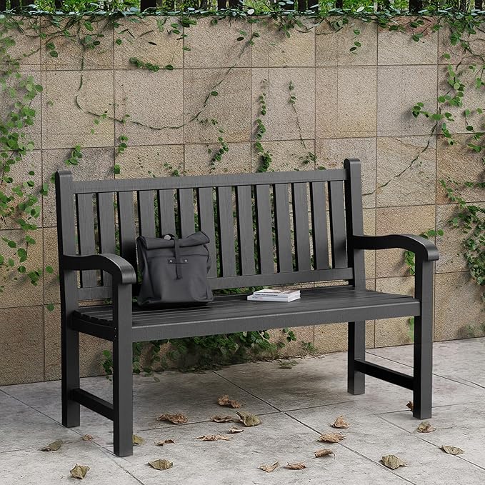 PatioZen Outdoor Bench, Waterproof & Weatherproof Garden Bench with Ergonomic Design, 2-Person Resin Bench for Porch, Deck, Patio, Outdoor, Garden & Park