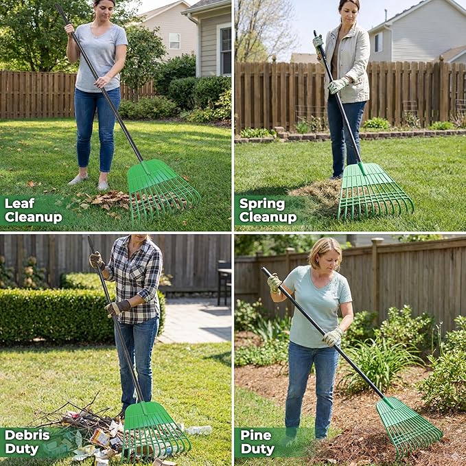 Gardzen 67 Inch Long Handle Rake for Leaves and Lawns, 12 Tines Plastic Head Leaf Rake for Artificial Grass, Pine Needles with Yard Waste Bag and Gloves