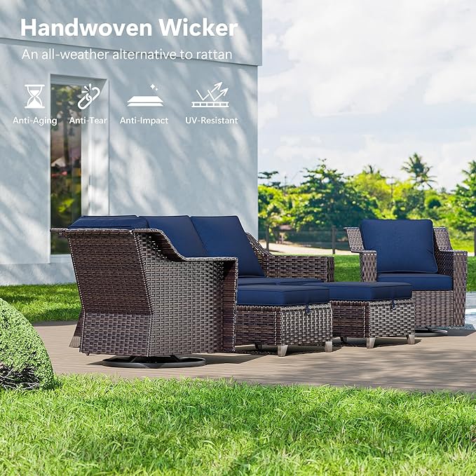 6 Pieces Wicker Patio Furniture, Luxury Outdoor Furniture with 2 Patio Swivel Chair, 3-Seater Sofa, 2 Patio Ottoman and 1 Side Table, Wide Armrest, Thickened Cushions