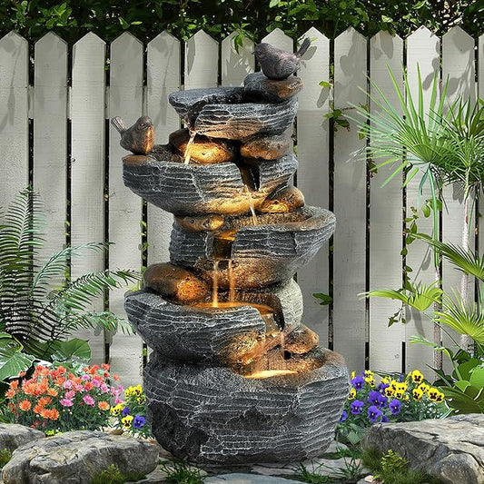 5 Tiers Garden Fountain Outdoor, 26.4" Rock Waterfall Feature with 4 LED Lights, Modern Resin Fountain Freestanding with Pump and Dicky Bird for Indoor and Porch Patio, Home Art Decor, Grey