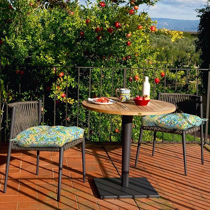 DYTXIII Set of 2 Outdoor Chair Cushions 19"x19"x4", Water Repellent Tufted Patio Seat Cushions with Ties, Thick Replacement Pads for Wicker Dining Chairs, Patio Furniture, Damask Green