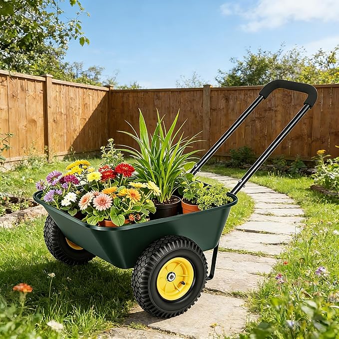 2 Wheel Wheelbarrows, Dual-Wheel Garden Dump Cart with 10" Non-Slip Pneumatic Tires & Ergonomic Padded Handle, Heavy-Duty Utility Yard Cart Wagon with 3 Cu Ft Capacity for Lawn, Gardening,Farm