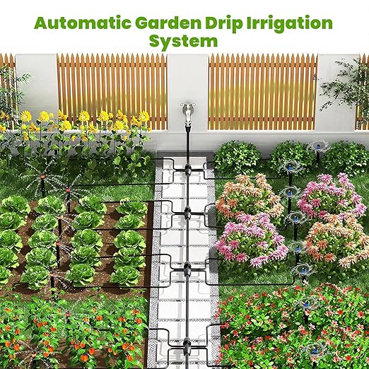 100FT Drip Irrigation Kit for Garden, Adjustable DIY Plant Watering System for Raised Beds & Greenhouse, 5/16" Main Tubing & 1/8" Micro Tubing Included