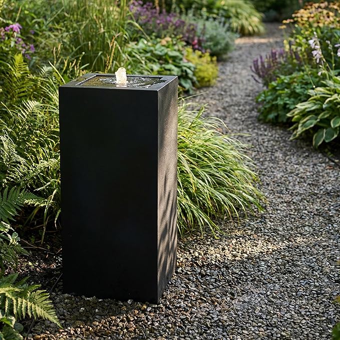 Sunnydaze Outdoor Water Fountain with LED Light - Modern Rectangle Bubbler Water Feature with Pump - 29.5" H - for Patio, Garden, Deck, Relaxation and Stress Relief - Black