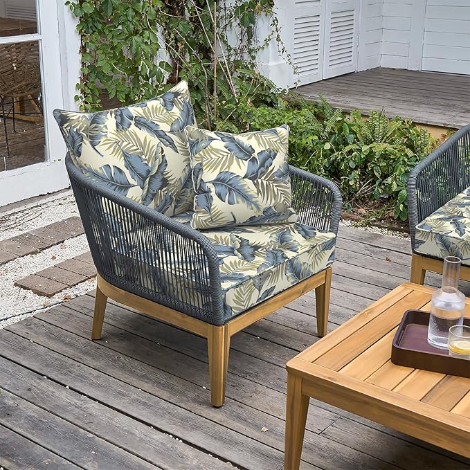 LVTXIII Outdoor Deep Seat Cushion 22"x22"x4" Patio Seat and Back Cushion Set Seasonal Chair Cushion for Dining Arm Chairs, Wicker Chairs and Garden Furniture Decoration, Lush Palm Blue