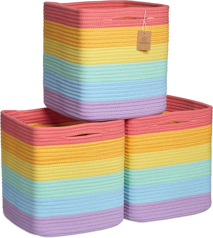 NaturalCozy Storage Cubes 11 Inch Cotton Rope Woven Baskets for Organizing, 3-Pack | Cube Storage Bin | Square Storage Baskets for Shelves Organizer, Classroom, Kids Toy Bins, Closet, Baby Nursery
