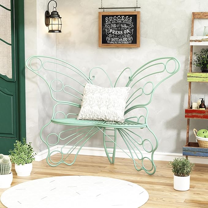 DIBRATY 50 Inches Outdoor Bench, Garden Bench with Sturdy Iron Metal Frame, Pretty Butterfly Bench Front Porch Bench for Porch,Lawn,Garden,Yard