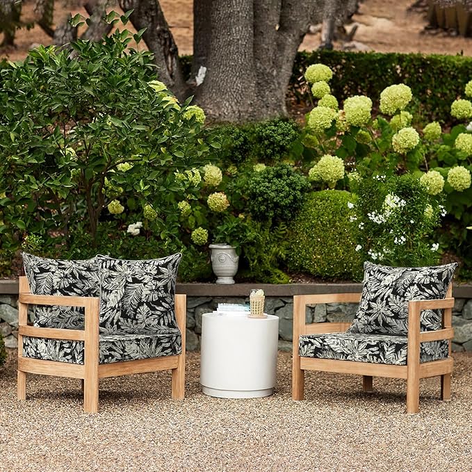 LVTXIII Outdoor Deep Seat Cushion Patio Seat and Back Cushion Set Seasonal Chair Cushion with Removable Cover and Adjustable Buckle for Home and Garden, 22"x22"x4", Tropical Leaf Black