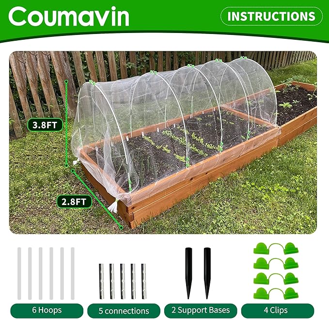 8FT Rust-Free Fiberglass Garden Hoops -36 PCS DIY Grow Tunnel Kit for Raised Beds, Row Cover Support with Connectors/Clips, Year-Round Plant Protection from Frost, White