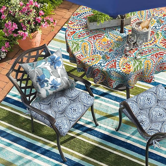 DYTXIII Set of 2 Outdoor Chair Cushions 19"x19"x4", Water Repellent Tufted Patio Seat Cushions with Ties, Thick Replacement Pads for Wicker Dining Chairs, Patio Furniture, Medallion Blue