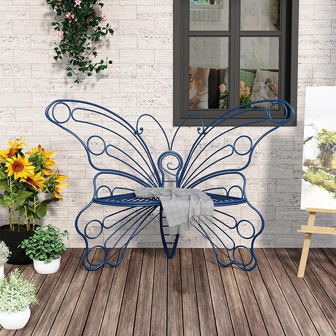 DIBRATY 50 Inches Outdoor Bench, Garden Bench with Sturdy Iron Metal Frame, Pretty Butterfly Bench Front Porch Bench for Porch,Lawn,Garden,Yard