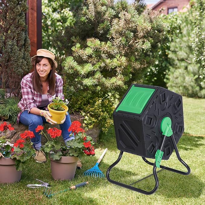SUPER DEAL 18.5 Gallon Outdoor Compost Bin, Garden Tumbling Composter, Steel Frame BPA Free Material for Fast Creation of Fertile Soil, Easy to Assemble, Black