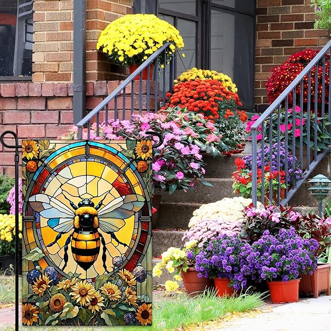 Summer Bee Garden Flags for Outside 12×18 Inch Double Sided Spring Flowers Garden Flags with Bee Glass Style for House Indoor Outdoor Lawn Yard Garden Sign Decor