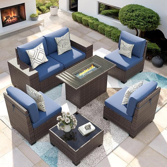 7 Piece Patio Furniture Set with Fire Pit Table, Outdoor Conversation Sets Wicker Rattan Sectional Sofa with Coffee Table for Patio Garden Backyard, 4'' Thickened Cushion Navy Blue