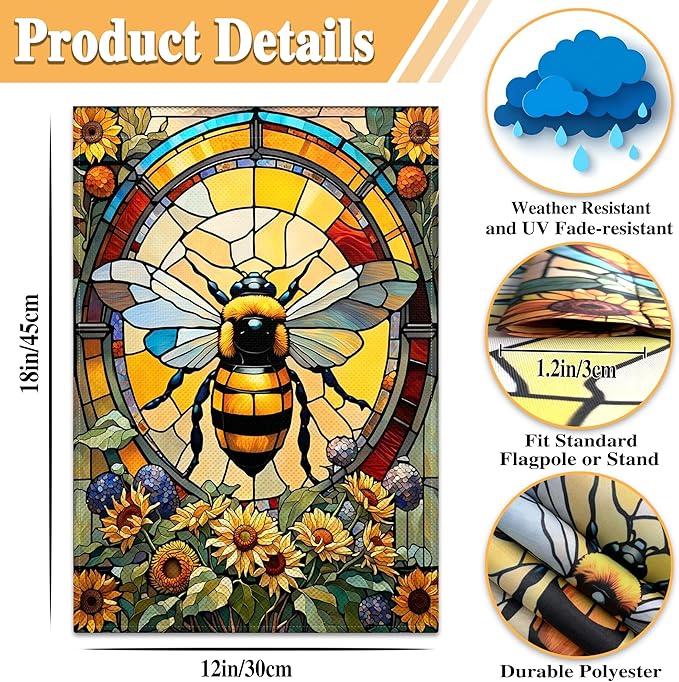 Summer Bee Garden Flags for Outside 12×18 Inch Double Sided Spring Flowers Garden Flags with Bee Glass Style for House Indoor Outdoor Lawn Yard Garden Sign Decor