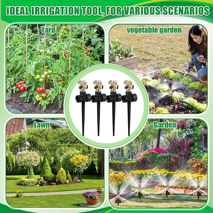 Tioncy 4 Pack Metal Lawn Sprinkler with Brass Nozzle, Heavy Duty Garden Spike Sprinkler Automatic Irrigation Tool for Lawn Garden Yard Greenhouse(Multi Nozzle,Black)