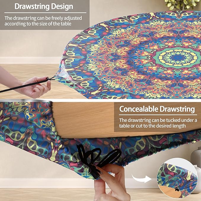 Round Tablecloth Waterproof Boho Fitted Vinyl Table Cloth Summer Fall Outdoor Circle Cover for 36-44" Tables Kitchen Dining Apartment Essentials Camping Picnic Party Decor Housewarming Gifts